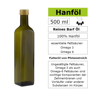 Mit unserem 500 ml Hanföl hast du die ideale Ergänzung an essentiellen Fettsäuren, wichtig für die Gesundheit deines Vierbeiners Mit unserem 500 ml Hanföl hast du die ideale Ergänzung an essentiellen Fettsäuren, wichtig für die Gesundheit deines Vierbeiners
